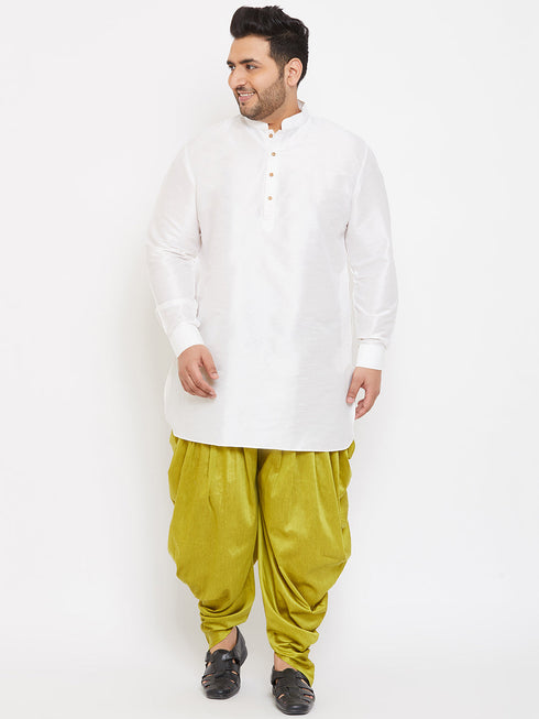 Vastramay Men's Plus Size White Silk Blend Curved Kurta Dhoti Set